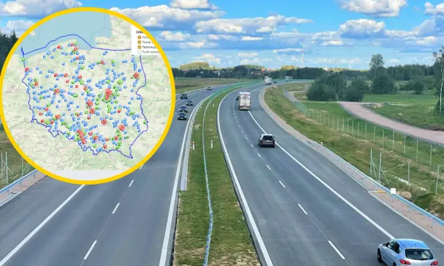Mapa Polski z zaznaczonymi fotoradarami na S7 i innych drogach. Autostrada z samochodami w tle.