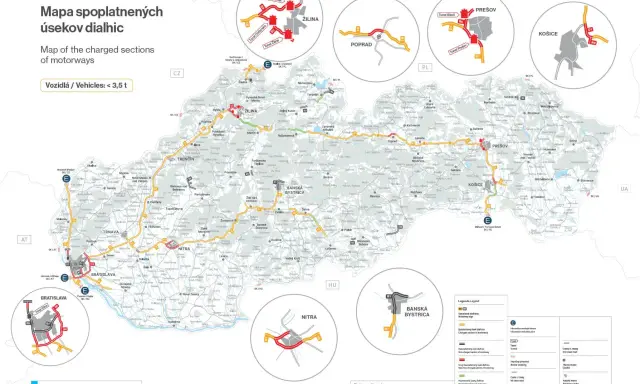 Mapa Słowacji z zaznaczonymi płatnymi odcinkami autostrad. Unikaj mandatu za brak winiety słowacja, sprawdzając trasę.