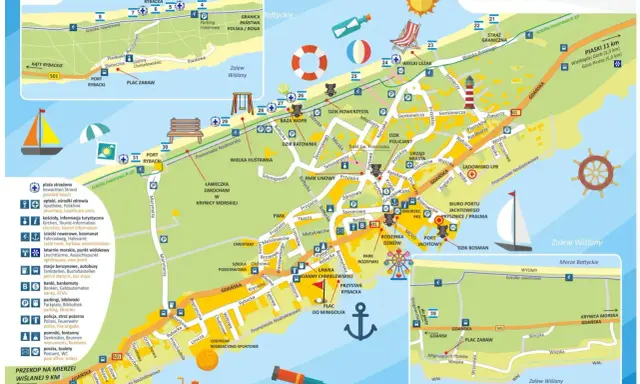Mapa Krynicy Morskiej i okolic, pokazująca trasę do Krynicy Morskiej, plaże, porty, atrakcje turystyczne i drogi.