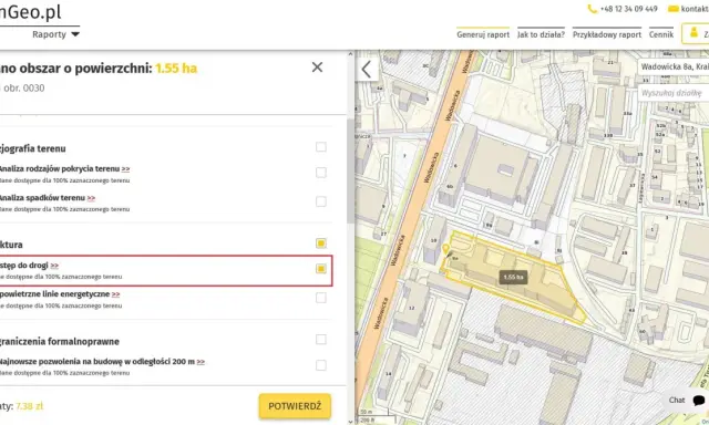 Dostęp do drogi jest kluczową informacją dla tej działki o powierzchni 1.55 ha. Kategoria drogi jest tu ważna.