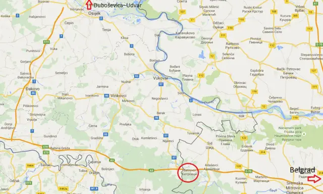 Mapa pokazuje drogę E70, która prowadzi do wjazdu do Serbii w miejscowości Batrovci.