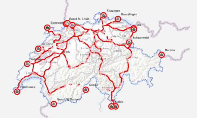 Mapa tras przejazd przez Szwajcarię z zaznaczonymi punktami granicznymi i miastami.