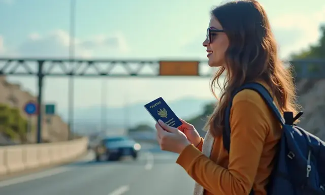 Kobieta z paszportem zastanawia się, czy Cypr jest w strefie Schengen, stojąc przy drodze z plecakiem.