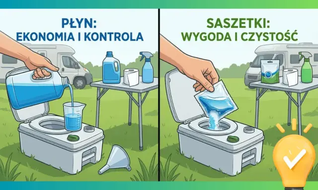 Dwa sposoby na płyn do toalety turystycznej: nalewanie z butelki lub dodanie saszetki. Oba zapewniają czystość i kontrolę.