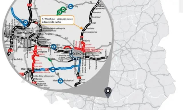 Mapa Polski z zaznaczonym obszarem wokół Krakowa. Widoczna trasa S7 Miechów-Szczepanowice, łącząca miasto na trasie Kraków Miechów.