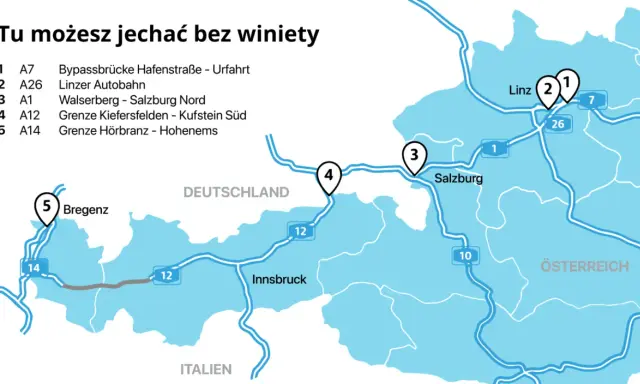 Mapa pokazuje trasy bez winiety w Austrii, w tym tunele i autostrady w okolicach Salzburga i Innsbrucka.