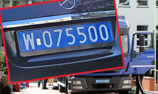Niebieskie tablice rejestracyjne z napisem W-075500 i W-065607 wskazują na pojazdy z Chin.