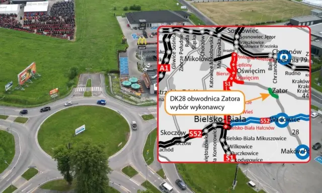 Mapa drogowa z zaznaczoną trasą DK28 obwodnica Zatora. Widoczny węzeł drogowy i McDonald's.