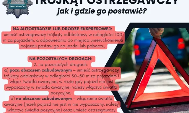 Instrukcja, jak i gdzie postawić trójkąt ostrzegawczy odblaskowy. Na autostradzie 100m, poza terenem zabudowanym 30-50m, w terenie zabudowanym na wysokości do 1m.
