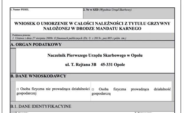 Wniosek o umorzenie należności z tytułu grzywny nałożonej w drodze mandatu karnego. Dane wnioskodawcy i organu podatkowego.