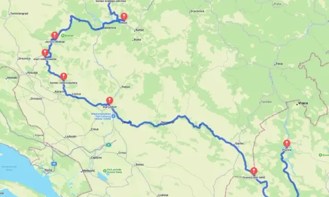 Trasa przez Czarnogórę i Bośnię, z zaznaczonymi punktami: Jezioro Blidinje, Stary Most w Mostarze, Plužine.