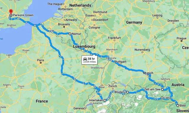 Trasa plan podróży samochodem po Europie: z Londynu przez Francję, Luksemburg, Niemcy, Austrię do Słowenii.