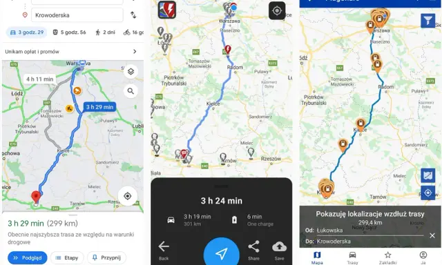 Trasa z Łukowskiej do Krowoderskiej, z uwzględnieniem zasięgu samochodu elektrycznego i stacji ładowania.