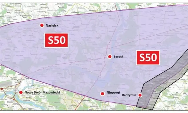 Mapa przedstawia przebieg planowanej trasy S50, zaznaczonej fioletową obwiednią, z kluczowymi punktami jak Nasielsk, Serock, Wyszków, Nieporęt i Nowy Dwór Mazowiecki.