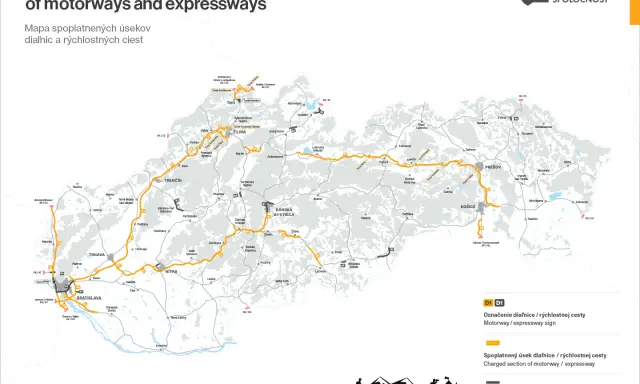 Mapa autostrad i dróg ekspresowych na Słowacji. Zaznaczone są odcinki płatne i bezpłatne.