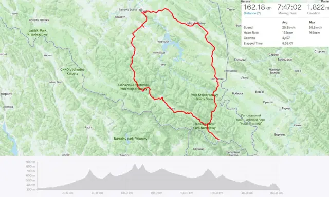 Trasa Google: wielka pętla bieszczadzka, 162 km przez Park Narodowy Bieszczadzki i krajobrazowe.