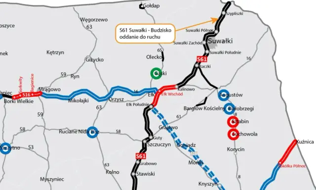 Mapa drogowa z zaznaczoną trasą S61 Suwałki - Budzisko, która jest oddana do ruchu. Widoczne są miasta takie jak Suwałki, Augustów, Ełk.