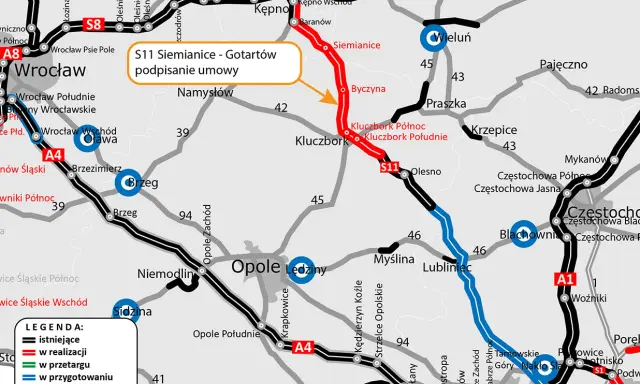 Mapa drogowa z zaznaczoną drogą krajową S11 Siemianice - Gotartów, w realizacji.