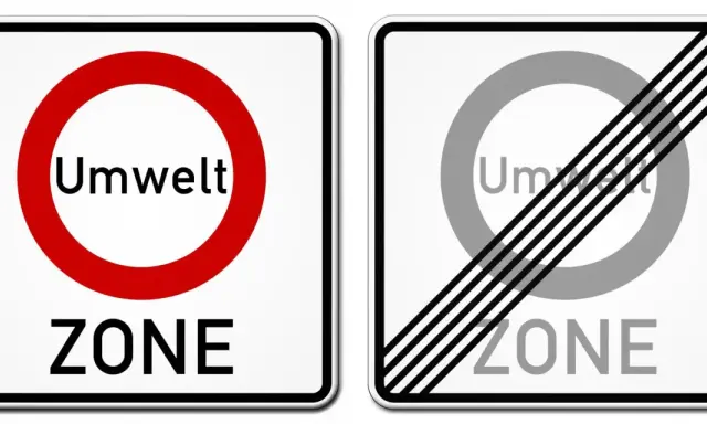Znaki drogowe w Niemczech: wjazd do strefy ekologicznej (UmweltZONE) i jej koniec.