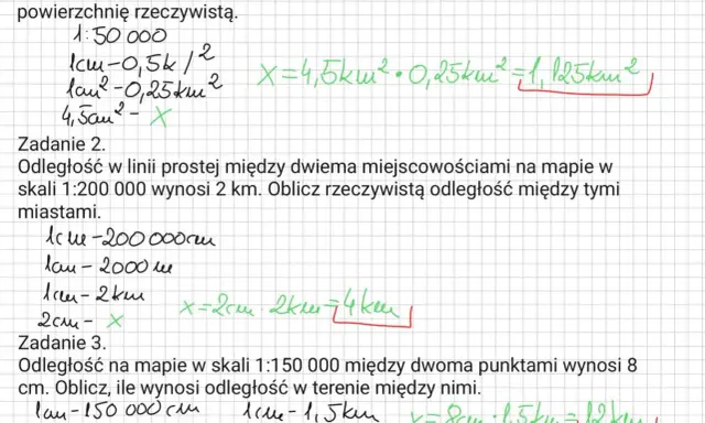 Zadanie 2: odległość między miastami na mapie w skali 1:200 000 wynosi 2 km. Obliczono rzeczywistą odległość.