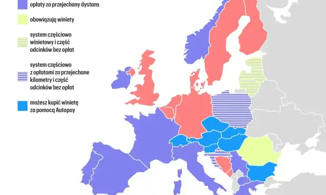 Mapa pokazuje systemy opłat na drogach szybkiego ruchu w Europie. Różne kolory oznaczają brak opłat, winiety, opłaty za dystans lub systemy mieszane.