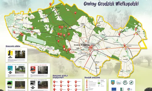 Mapa szlaków pieszo-rowerowych Gminy Grodzisk Wielkopolski. Obejmuje liczne trasy, w tym Szlak Pielgrzyma, Szlak Grodziska Pętla, Szlak Leśnej Zwierzyny i Szlak Kolejki Leśnej.