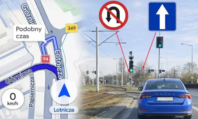 Nawigacja pokazuje trasę, a znaki i sygnalizacja świetlna ostrzegają przed mandatem za zawracanie na zakazie.