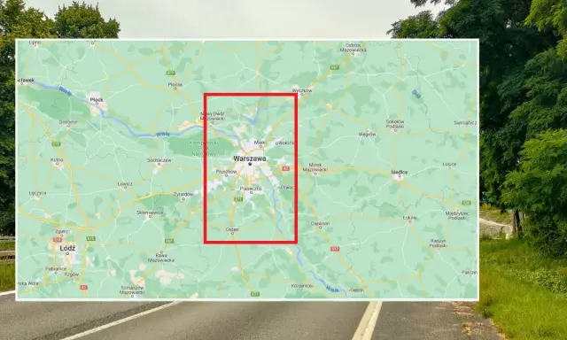 Mapa drogowa z zaznaczoną Warszawą i okolicami, w tym drogą S79.