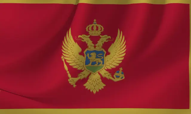 Flaga Czarnogóry, skrót państwa MNE, z dwugłowym orłem i tarczą.