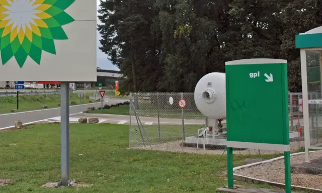 Stacja paliw z logo BP i dystrybutorem LPG. Widoczny zbiornik na gaz i znak "gpl" wskazujący kierunek. Ceny LPG w Europie mogą się różnić.