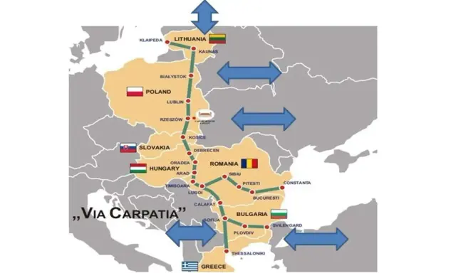 Mapa pokazuje trasę Via Carpatia, łączącą kraje od Litwy przez Polskę, Słowację, Węgry, Rumunię, Bułgarię aż po Grecję.