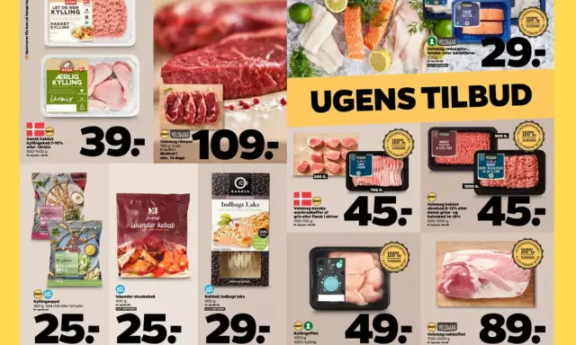 Mięso i ryby w Danii: mielone mięso od 39 zł, łosoś w cieście 29 zł, szaszłyki z kurczaka 25 zł.