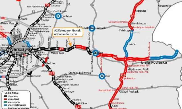 Mapa drogowa z zaznaczonymi trasami A2 i S19, pokazująca postęp prac. Dobre jedzenie na trasie Łódź-Gdańsk czeka po drodze!