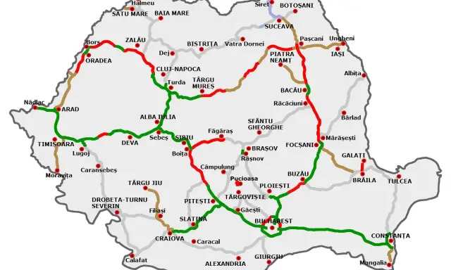 Mapa Rumunii z zaznaczonymi drogami. Czerwone odcinki mogą oznaczać problemy, np. karę za brak winiety.