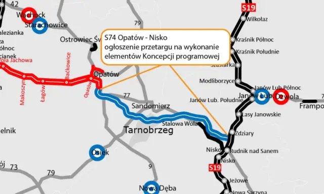Mapa drogowa z zaznaczonymi trasami S74 Opatów - Nisko, S19 i S7. Widoczne miasta: Kielce, Ostrowiec Świętokrzyski, Sandomierz, Tarnobrzeg.