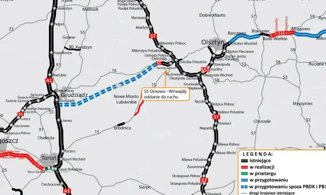 Mapa drogowa z zaznaczonymi trasami, w tym drogą S5 Ornowo-Wirwajdy oddaną do ruchu, z widocznym Olsztynem.