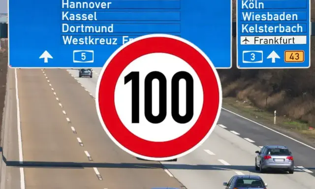 Na autostradzie A9 znak ograniczenia prędkości do 100 km/h i drogowskazy do Hanoweru, Dortmundu, Kolonii i Frankfurtu.