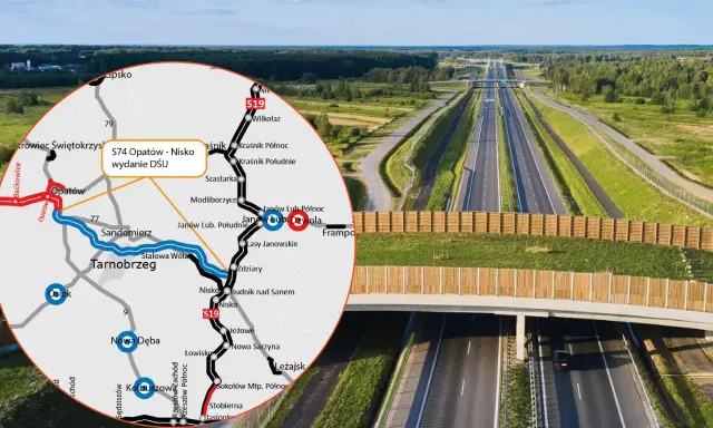 Mapa drogowa S74 Opatów - Nisko, z zaznaczoną trasą i miastami jak Tarnobrzeg, Sandomierz, Opatów. W tle widok na nowoczesną autostradę.