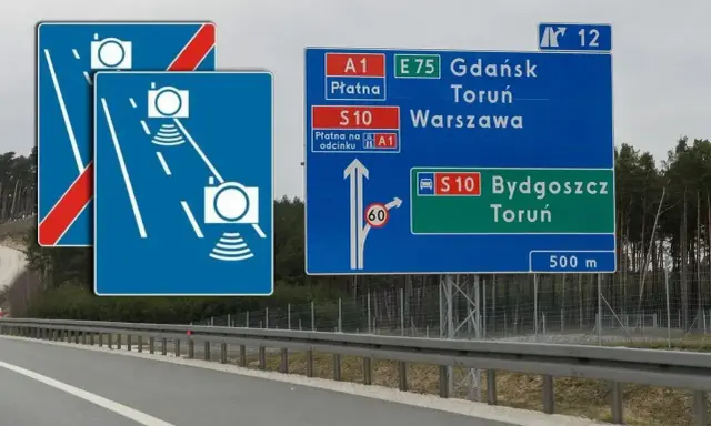 Znaki drogowe na autostradzie: kamery, kierunki do Gdańska, Torunia, Warszawy, Bydgoszczy. Ograniczenie 60 km/h.