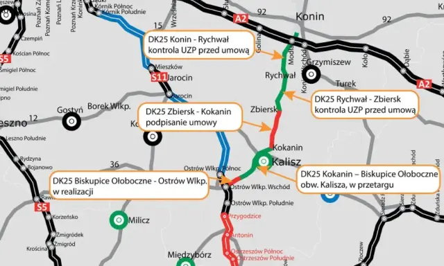 Mapa drogowa z zaznaczonymi odcinkami drogi krajowej 25, m.in. DK25 Konin - Rychwał, DK25 Zbiersk - Kokanin, DK25 Rychwał - Zbiersk.