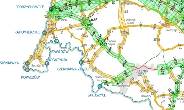 Mapa drogowa z zaznaczonymi miejscowościami i numerami dróg, w tym fragment trasy S5.