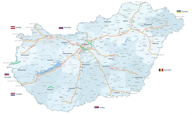 Mapa dróg Węgier z zaznaczonymi głównymi trasami i miastami. Planujesz podróż po Węgrzech? Ta mapa pomoże Ci zaplanować trasę.