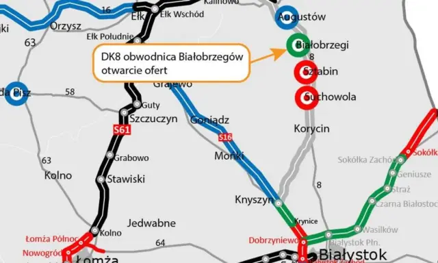 Mapa drogowa z zaznaczoną trasą S61 i DK8 obwodnicą Białobrzegów. Widoczne miejscowości: Augustów, Ełk, Białystok, Łomża. Trasa Zambrów jest częścią tej sieci.