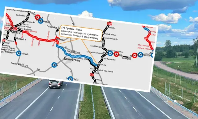Mapa drogowa z zaznaczoną trasą S74 Opatów-Nisko i S19. W tle droga szybkiego ruchu i krajobraz.