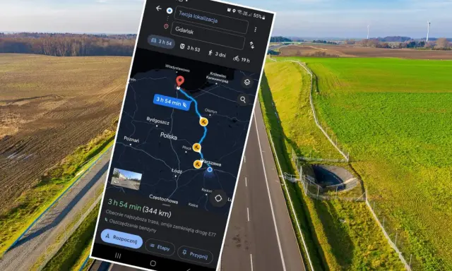Trasa z Bydgoszczy do Łodzi na mapie Google, czas przejazdu 3h 54 min. W tle droga i krajobraz Polski.