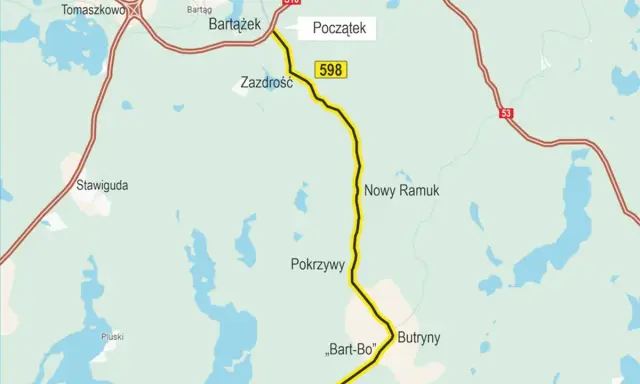 Mapa drogi 598 od Bartążka do Nowej Kaletki, wiodąca przez Zazdrość, Pokrzywy i Butryny. Trasa przebiega w pobliżu jezior, łącząc okolice Ełku i Olsztyna.