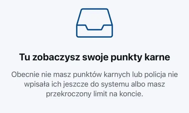 Ikona skrzynki pocztowej. Tu zobaczysz swoje punkty karne. Brak punktów, chyba że dostałeś mandat za przekroczenie prędkości o 20 km/h i jeszcze nie został wpisany.