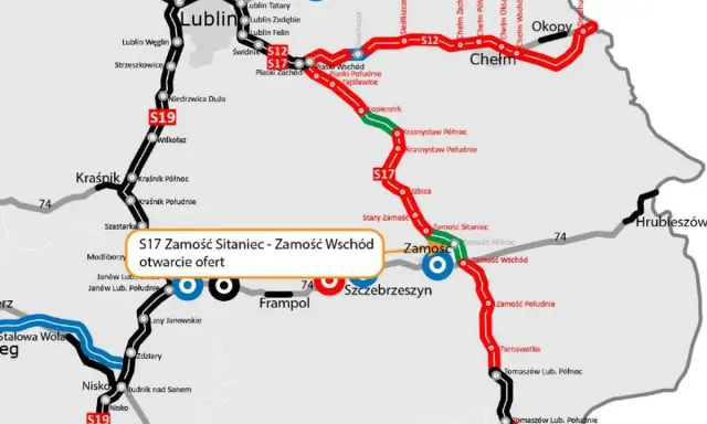 Mapa przebiegu drogi S17 od Zamościa Sitaniec do Zamościa Wschód, z zaznaczonym otwarciem ofert.