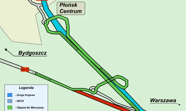 Mapa drogowa Płońska z zaznaczoną trasą DK7, objazdem do Warszawy i zamkniętym odcinkiem drogi.