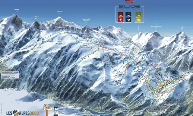 Mapa narciarska Les Deux Alpes z zaznaczonymi trasami, wyciągami i szczytami. Widok górski z lodowcami i jeziorami.